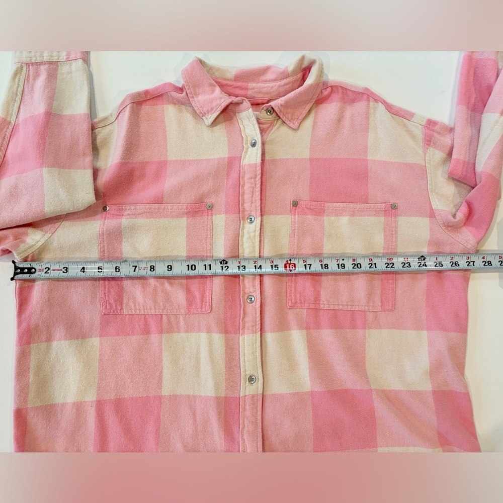 aerie Anytime Layering Oversized 100% Cotton Plaid Pink Cream Button Down - Picture 4 of 14